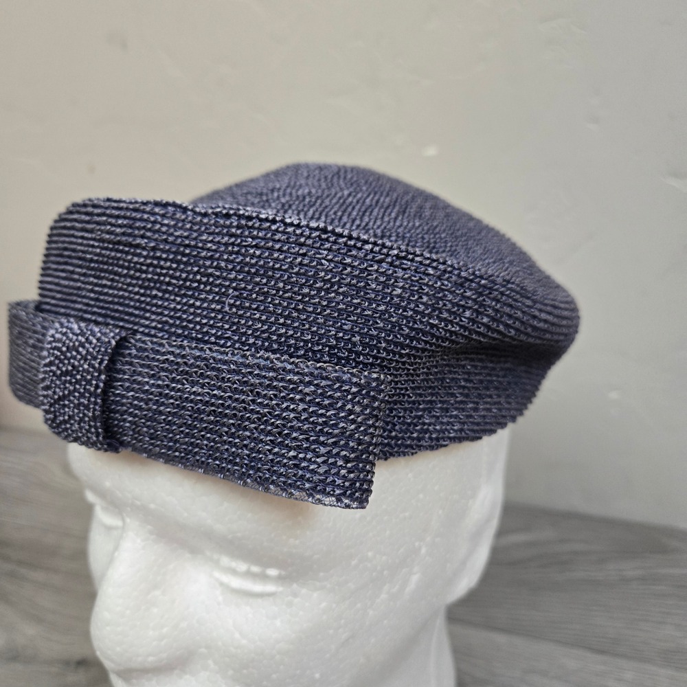 Gillespie Navy Blue Woven Straw Pillbox Hat Vintage Bow Detail Mid-Century Style